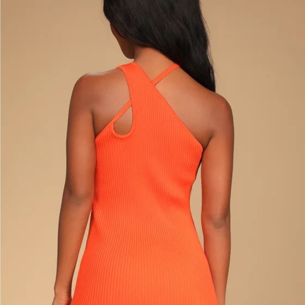 Lulu’s, Exciting Night Orange Red Ribbed Asymmetrical Bodycon Mini Dress, Med - Picture 7 of 8